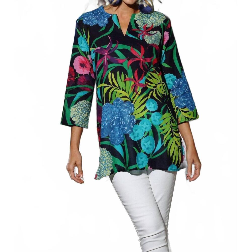 NEW KIKISOL hydrangea v-neck tunic in navy